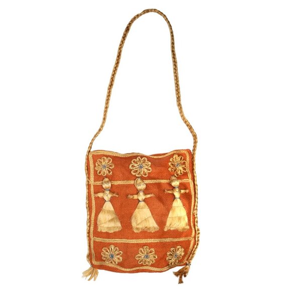 Vintage Burlap Jute Tote Bag Purse Braided Straw Lightweight Brown Tan Folk Art - Picture 3 of 9
